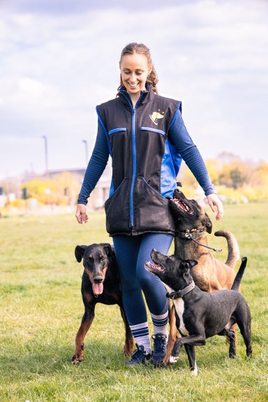 A woman with three dogs enjoying a walk in a park on a sunny day.